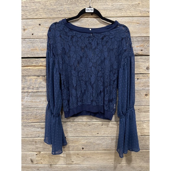 Free People Women's Something Like Love Lace Long Sleeve Top Navy Women Size XS - Picture 1 of 9